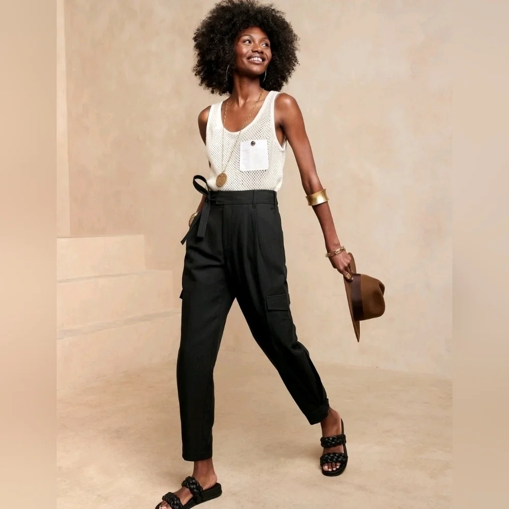 Banana Republic Lyocell Linen Blend Belted Cargo Pants 00 PETITE Black RT$110